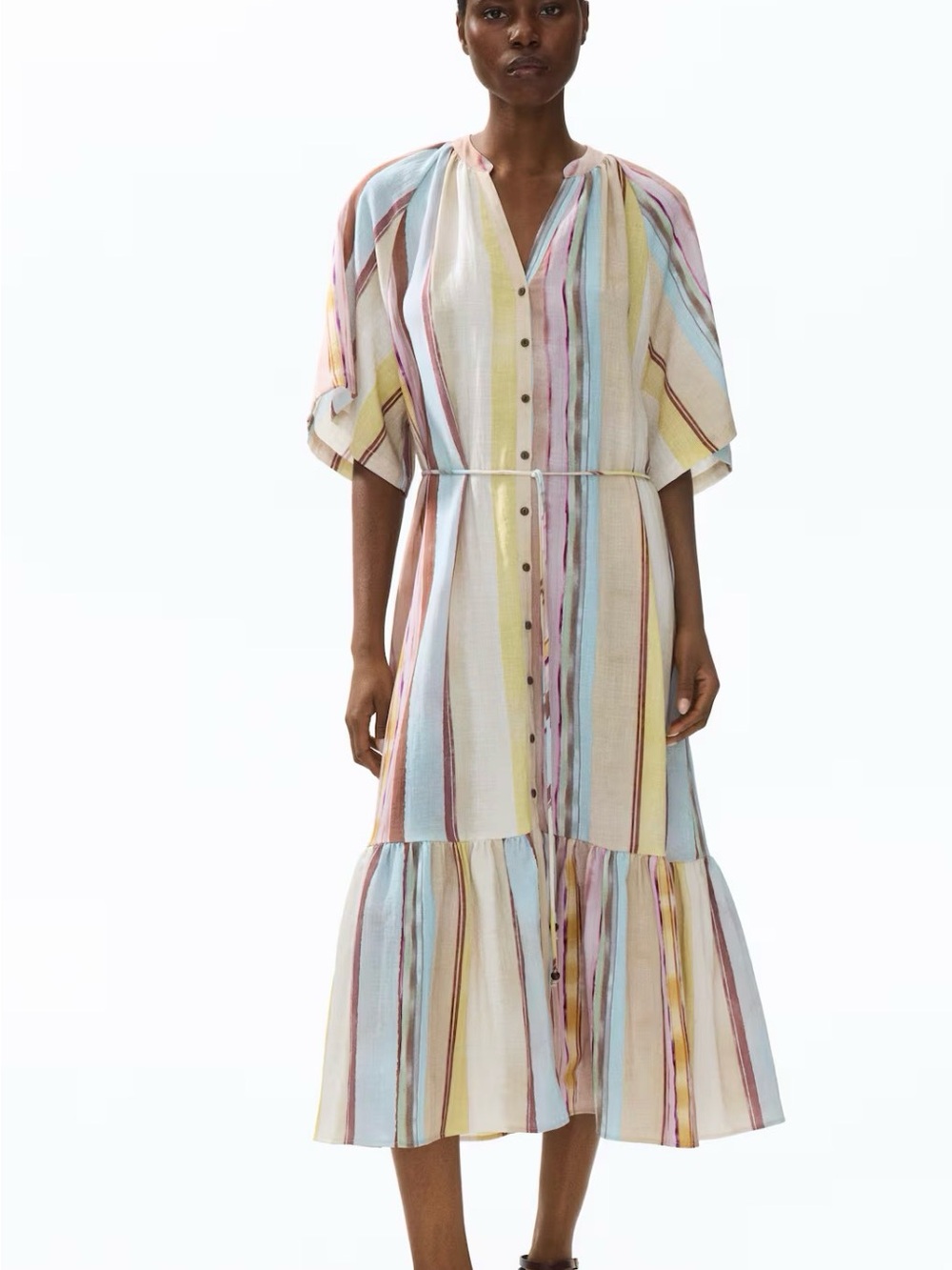 H&M Pastel Multi-Stripe Button-Front Midi Dress
